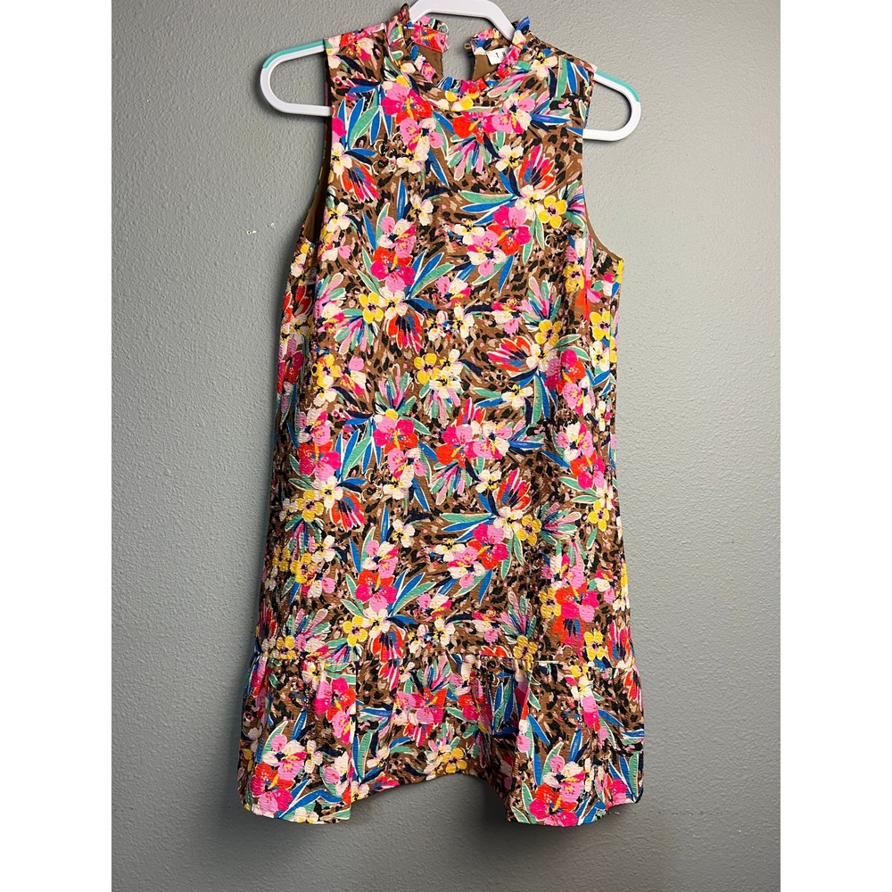 THML Womens XS Floral Leopard Print Ruffle Mock Neck Sleeveless Shift Dress 6514